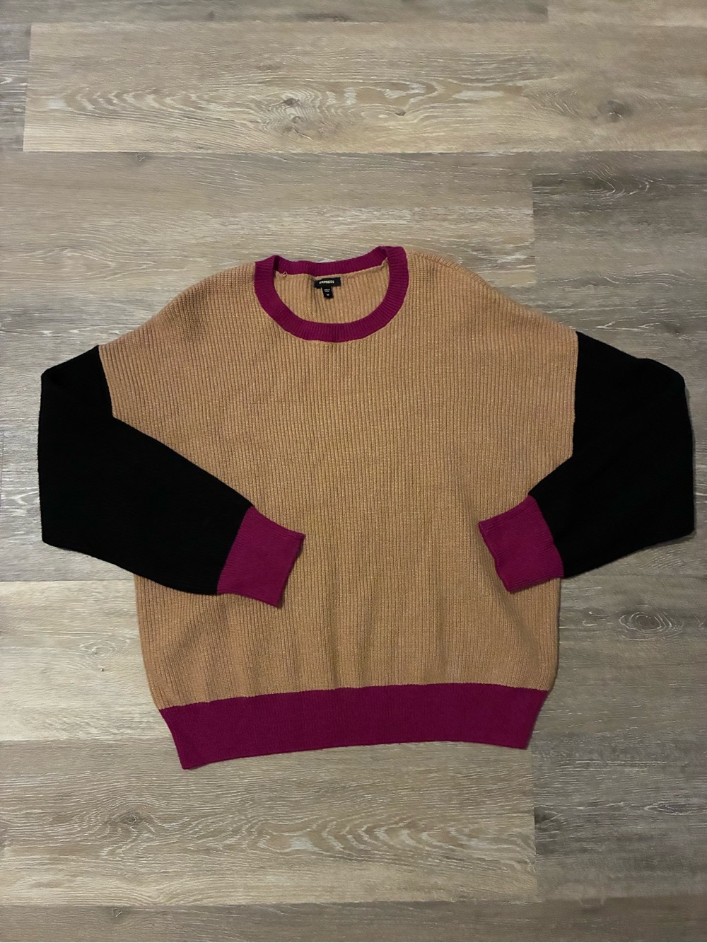 Express Women’s M Colorblock Crewneck Sweater - Tan, Black & Magenta